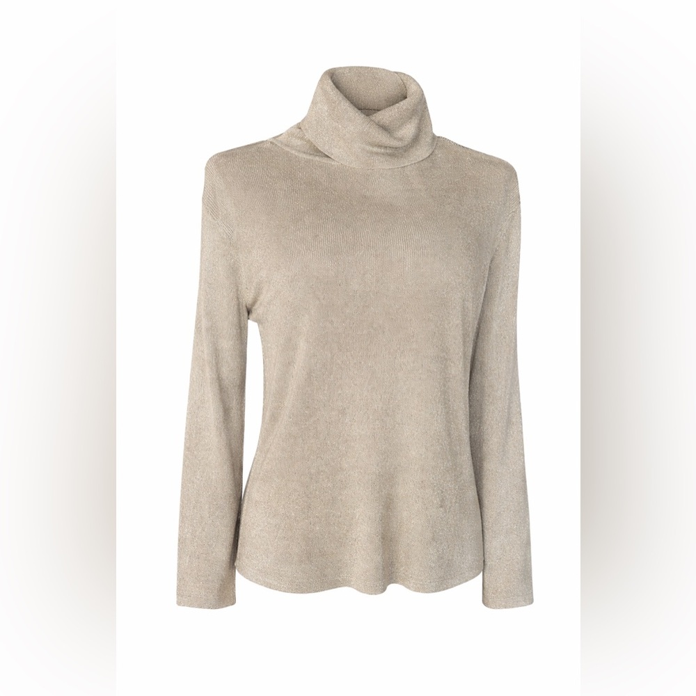Elegant Minimalist Luxe – Silk Blend Metallic Turtleneck Sweater – XL